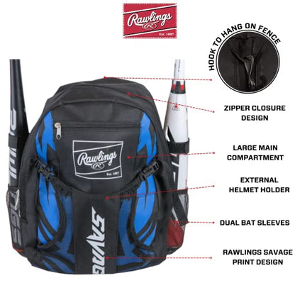 Rawlings | SAVAGE Backpack Equipment Bag | T-Ball/Youth Baseball & Softball | Multiple Styles - color: Black / Royal