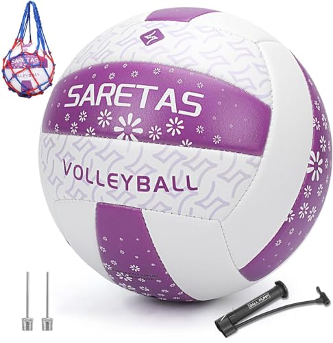 Saretas Volleyball Soft Beach Volleyball - Official Size for School, Indoor, Outdoor and Play Game Gym Workout - Play for Girls, Adults and Family. - color: Purple Volleyball with Pump