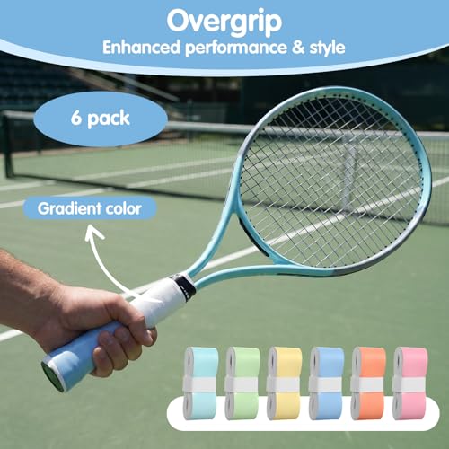 6 Pcs Tennis Racket Grip Tape, Tennis Racquet Replacement Grip Tape Non-Slip Badminton Racket Grips Tapes Sweat Absorbent Pickleball Overgrip Tapes for Badminton Pickleball Tenni (Gradient Color)