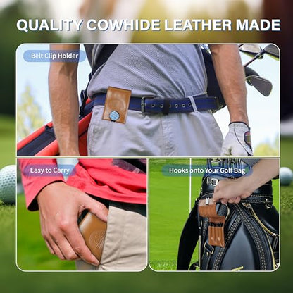 SANDIAN [Full Set], Golf Ball Markers Carbon Fiber T800 Full Set with Genuine Brown Leather Belt Clip Tee Holder Pouch, Magnetic Hat Clips, Storage Case [Brown Leather]