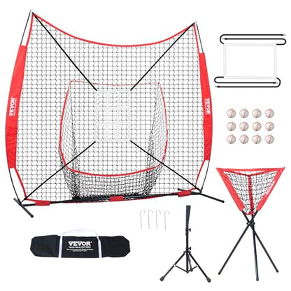 VEVOR Softball Practice Net, Portable Baseball Training Net for Hitting, Batting, Catching, Pitching - Backstop Equipment with Bow Frame, Carry Bag, Strike Zone, Batting Tee