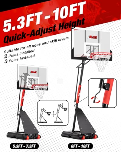 Basketball Hoop Outdoor 5.3-10ft Height Adjustable Portable Basketball Goal System with 45 Inch Shatterproof Backboard for All Ages in Backyard/Driveway/Indoor