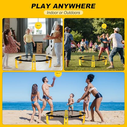 Outdoor Beach Ball Game Includes 4 Balls, Net and Carrying Bag - Roundnet Yard Games Set for Adults, Kids, and Family - Perfect for Beach, Yard, Lawn, Backyard, and Park