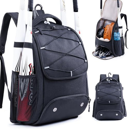 Youth Baseball Bag Backpack with Bat Holder for Boys Girls Baseball & Softball Bat Bag for T-Ball Equipment, Kids Baseball Backpack with Shoe Compartment & Glove Storage - color: Black