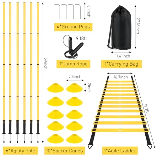 Soccer Agility Training Equipment: 6 Soccer Agility Poles, 20ft Agility Ladder, 10 Soccer Cones, 1 Jump Rope. Soccer Training Poles for Speed Training, Agility Training - color: yellow