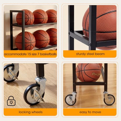 Colingmill Heavy Duty Basketball Rack with Wheels, Multi-Tier Rolling Ball Storage Cart, Sports Equipment Organizer for School, Gym, Club Shoot Training