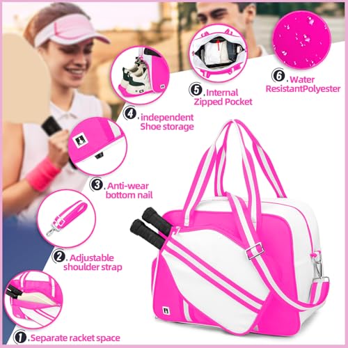ROYALFAIR Pickleball Tote Bag for Women Men Large Capacity with Paddle Cover Pocket Internal Shoe Pocket and Adjustable Shoulder strap - color: Pink