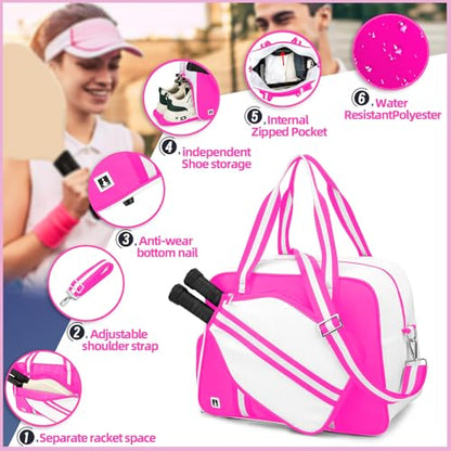 ROYALFAIR Pickleball Tote Bag for Women Men Large Capacity with Paddle Cover Pocket Internal Shoe Pocket and Adjustable Shoulder strap - color: Pink