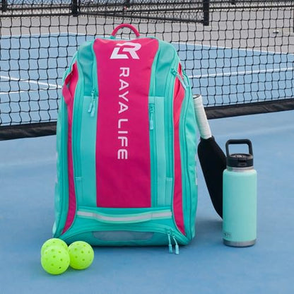 Pickleball Bag - Water Proof Pickleball Backpack, Ample storage for Paddles and Gear, Fence Hook, Shoe Compartment - color: Fuchsia/Teal