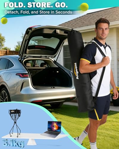 Angooni Upgraded Tennis Ball Hopper for 150 Balls, Tennis Cart with Wheels & Storage Bag, Lightweight Foldable Pickleball Cart, Ideal Gift for Training, Teaching & Family Play