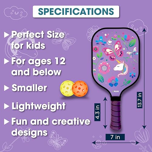 FLYE Kids Carbon Fiber Pickleball Paddle Set With Bag and Ball - Mini Training Paddle for Youth - Dinosaur, Flower, and Sharks Designs