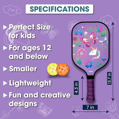 FLYE Kids Carbon Fiber Pickleball Paddle Set With Bag and Ball - Mini Training Paddle for Youth - Dinosaur, Flower, and Sharks Designs