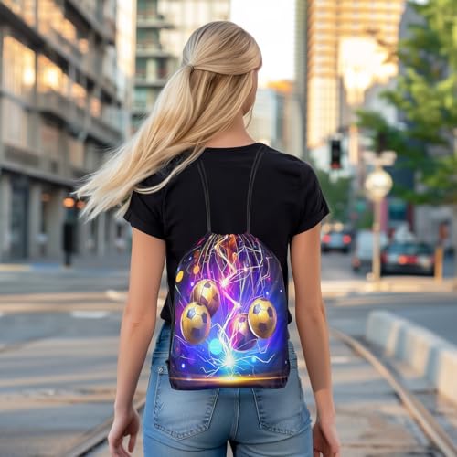 Castle Fairy 3D Football Drawstring Backpack,Neon Glowing Lightning Drawstring Bag,Cool Footballs Adjustable Draw String Bag,Lightweight - color: Purple Golden