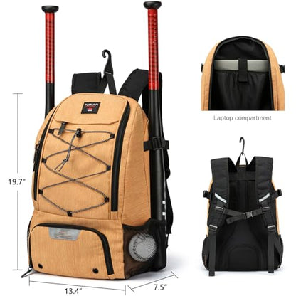 Baseball Backpack, Baseball Bag for Youth, Softball Bat Bag with Shoes Compartment, Laptop Compartment & Holds 2 Bats, Small Baseball Bat Equipment Bags for Fence Hook, Glove Holder & Helmet - color: Khaki