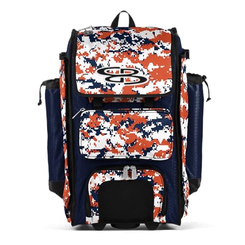 Boombah Rolling Catchers Superpack Baseball/Softball Gear Bag Digital Camo - 23-1/2" x 13-1/2" x 9-1/2" - Multiple Colors - Telescopic Handle and Holds 4 Bats - Wheeled Version - color: Navy/Orange_C23