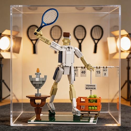 Tennis Champion Building Set for Adults – 482Pcs Kit with Metal Racket, 30 Mini Balls, Trophy & Scoreboard Stickers – Poseable Figure on Grass Court Model, Collectible Sports Diorama