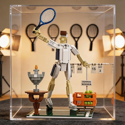 Tennis Champion Building Set for Adults – 482Pcs Kit with Metal Racket, 30 Mini Balls, Trophy & Scoreboard Stickers – Poseable Figure on Grass Court Model, Collectible Sports Diorama