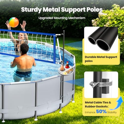 Above Ground Pool Volleyball Net Set with Storage Tray - Swimming Pool Volleyball Net for Pool with Adjustable 10-20FT Width Anti-Sagging Net - Outdoor Poolside Games with Ball, Pump, Poles - style: Above Ground Pool Volleyball Net