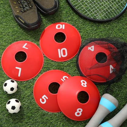 10 Pcs Numbered Sports Disc Cones 1-10 Soccer Cones with Mesh Carry Bag Flexible Agility Cones Soft Field Cones for Gym PE Classes School Activities Games, Sports Training Equipment - color: Red