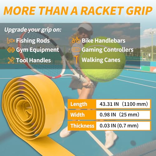 2 Pcs Tennis Racket Grip Tape, Dry Tennis Overgrip Tape, Anti-Slip Absorbent Grip, Racket Overgrip Tape - color: Yellow, size: Textured-43.3"x1"x0.03"
