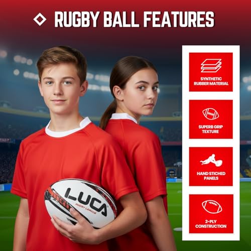LUCA Rugby Ball Youth and Adult Sizes 3, 4 & 5 - Hand Stitched Super Grip Training Ball - Durable 3-Ply Waterproof Surface for College & Club Practice - color: Red, Black, White, size: 4