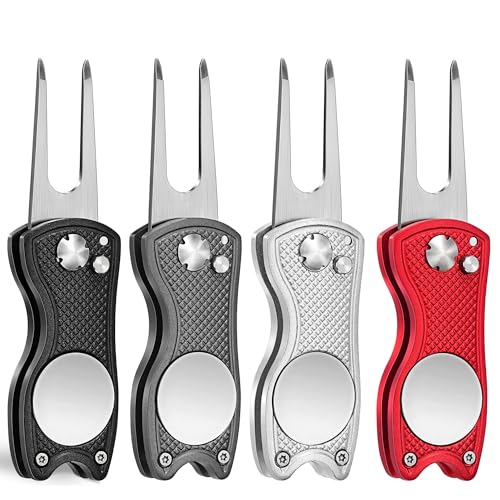 Mile High Life Golf Divot Repair Tool, All Metal Foldable Divot Tool with Pop-up Button & Magnetic Ball Marker, 2-6 Pack - color: F4-(Black/Sliver/Red/Gray)