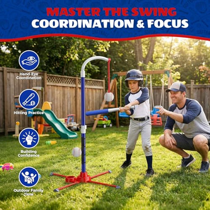 3-in-1 T Ball Set for Kids 3-5, Adjustable Baseball Tee with Auto Ball Launcher, Hanging Stand & 4 Balls, Indoor/Outdoor Sports Toys Gifts for Boys Girls Ages 5-8