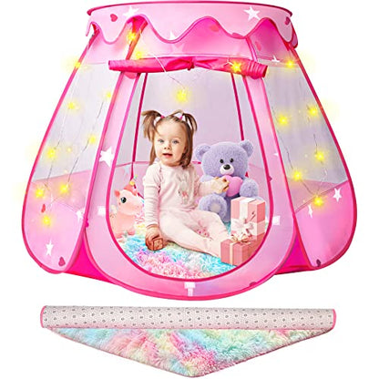 Princess Castle Girls Play Tent with Rainbow Rug Star Lights Pop Up Play Tent for Toddlers Kids DISHIO Playhouse Toys for 1,2,3 Years Birthday Gifts Fairy Girls Tent with Mat Indoor Outdoor Kids Play - style: Tent with rainbow rug/lights