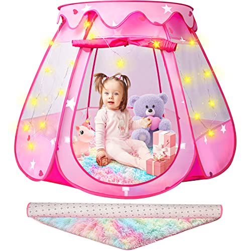 Princess Castle Girls Play Tent with Rainbow Rug Star Lights Pop Up Play Tent for Toddlers Kids DISHIO Playhouse Toys for 1,2,3 Years Birthday Gifts Fairy Girls Tent with Mat Indoor Outdoor Kids Play - style: Tent with rainbow rug/lights