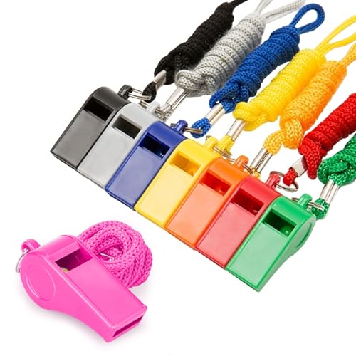 8-Pack Loud 120dB Safety Whistles with Lanyard - Bright Colored Plastic Emergency Whistles for Sports, Coaches, Lifeguards, Survival Kits & Outdoor Activities