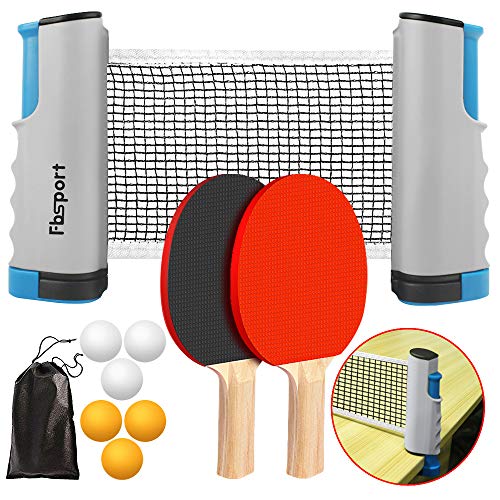 FBSPORT Ping Pong Paddle Set, Portable Table Tennis Set with Retractable Net,Rackets,Balls and Carry Bag for Indoor/Outdoor Games - color: gray