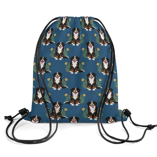 Gym Drawstring Backpack Water Resistant Sackpack with Compartment for Swimming Beach Sports Travel Unisex, Floral Bernese Mountain Dog Navy Blue Bags - color: Picture (355)