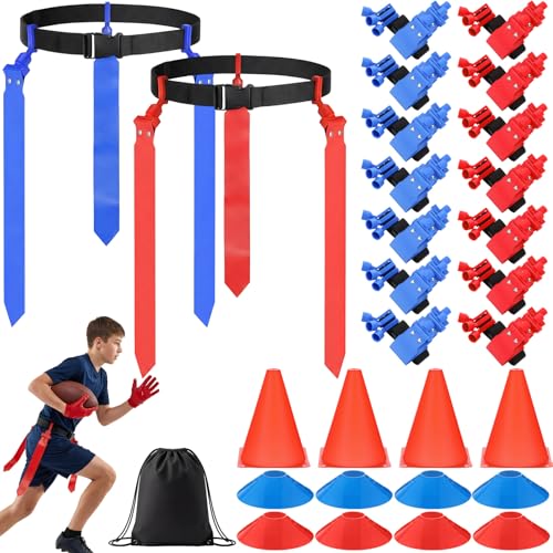 14 Players Flag Football Sets - Adjustable Football Flags and Belts Set Includes Footballs Flags Belts Disc Cones for Youths Teens Sports Teams Training & Competition
