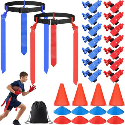 14 Players Flag Football Sets - Adjustable Football Flags and Belts Set Includes Footballs Flags Belts Disc Cones for Youths Teens Sports Teams Training & Competition