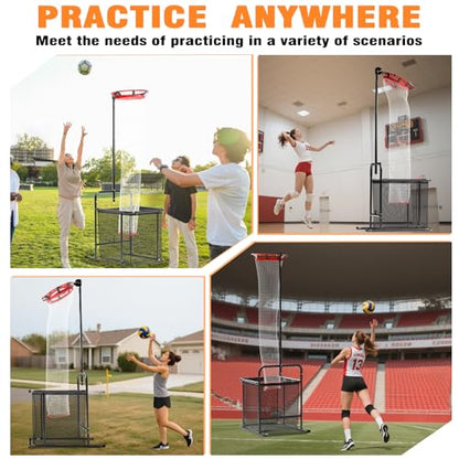 Volleyball Setter Training Equipment, Volleyball Setter Trainer Net with 2 Target Hoop Size,13 Heights & 6 Angles Adjustable, Serving Spiking Drills System with Ball Collection Bag
