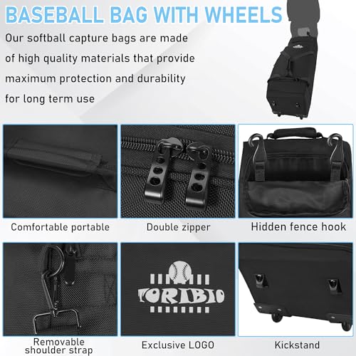 Large Rolling Baseball Bag with Wheels,Softball Catcher Gear Bag for 4 Bats with Fence Hooks ,Portable Roller Baseball Bag with Separate Shoe Space,Baseball Equipment Bag Holds Bat, Helmet and More