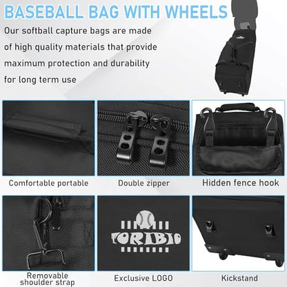 Large Rolling Baseball Bag with Wheels,Softball Catcher Gear Bag for 4 Bats with Fence Hooks ,Portable Roller Baseball Bag with Separate Shoe Space,Baseball Equipment Bag Holds Bat, Helmet and More