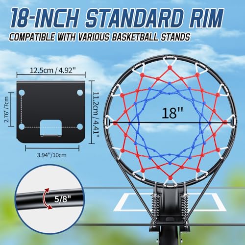 Basketball Rim, 18" Replacement Wall Mounted Outdoor Basketball Hoop, Heavy Duty Solid Steel, Double Spring Basketball Hoop Rim with All Weather Net for Indoor and Outdoor Hanging