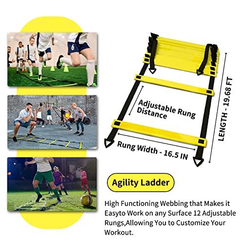 IHEPYQ Soccer Agility Training Equipment Set, 12 Rung 20Ft Agility Ladder, 12 Disc Cones, 4 Steel Stakes, Solo Soccer Trainer, Jump Rope - Speed Training Equipment for Soccer Football Basketball - color: Yellow