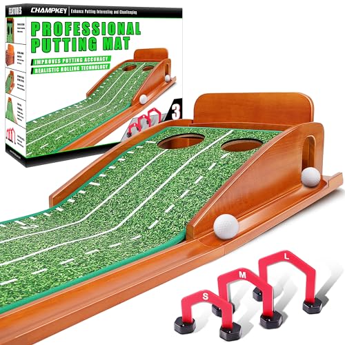 CHAMPKEY Premium Golf Putting Green Indoor with 3 Golf Putting Gates - Improves Putting Accuracy and Skill Levels Golf Putting Mat - Ideal for Indoor and Outdoor Training - style: Dual Hole - Wooden