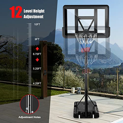 GYMAX Portable Basketball Hoop Outdoor, 10FT Height Adjustable Basketball Goal w/Shatterproof Backboard & Built-in Wheels for Kids Youth Adult