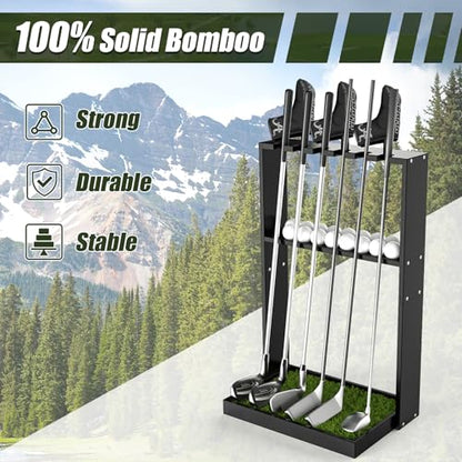 Golf Putter Stand, Premium Wooden Golf Club Rack for 6 Clubs, 18 Balls & 3 Putter Covers Storage, Golf Putter Stand, Floor Display Rack for Indoor Home Office Club Simulator