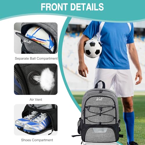 WOLT Soccer Backpack Soccer Bag with Ball Holder & Shoes Compartment, Sport Equipment Bags For Football, Basketball, Volleyball, Gym - color: Grey