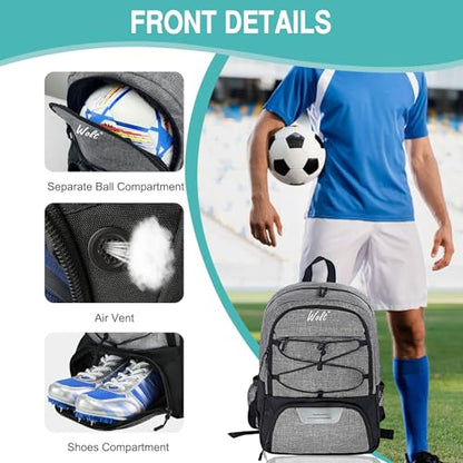 WOLT Soccer Backpack Soccer Bag with Ball Holder & Shoes Compartment, Sport Equipment Bags For Football, Basketball, Volleyball, Gym - color: Grey