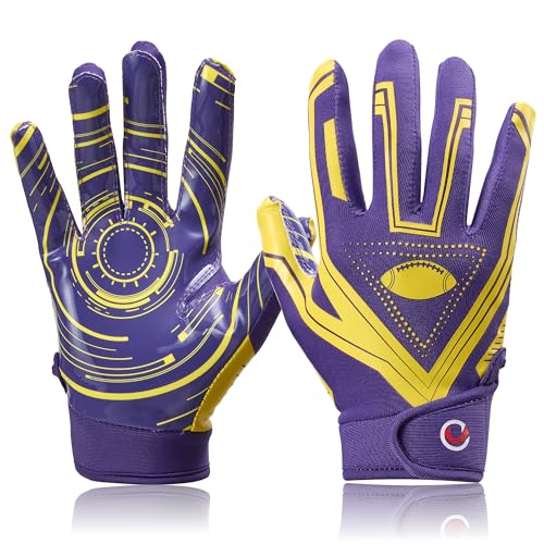 Youth Football Gloves Ultra-Sticky Receiver Gloves for Kids, for Boys/Girls - color: Purple/Yellow, size: Youth M/L(6"-6.5")
