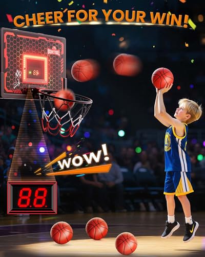 Indoor Basketball Hoop Pro for Kids, Over The Door Basketball Hoop Indoor with LED Light/Scoreboard/4 Balls- Upgraded Anti-Impact Backboard, Basketball Toys Gifts for 6 7 8 9 10 11 12 Year Old Boys