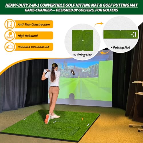 5x5ft Golf Hitting Mat for Indoor and Outdoor Practice, High-Elasticity Golf Practice Driving Range Turf Mat, Convertible 2-in-1 Golf Hitting & Putting Mat for Garage Simulator Training