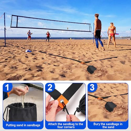 TOBWOLF Beach Volleyball Lines for Sand, Heavy Duty Volleyball Court Lines for Sand Beach Grass Backyard, 26.3' x 52.6' Portable Volleyball Boundary Lines with Metal Anchors & Sandbags
