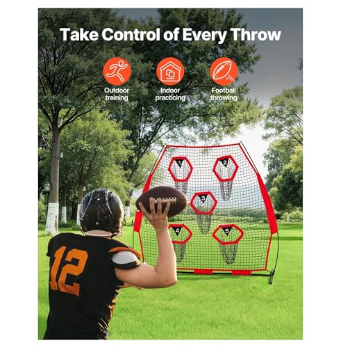 7 x 7 ft Football Trainer Throwing Net, Training Throwing Target Practice Net with 5 Target Pockets, Knotless Net Includes Straps and Portable Carry Case, Improve QB Throwing Accuracy, Red