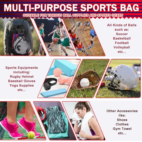 KAEGREEL Drawstring Soccer Bag Basketball Backpack for Kids Teens, Foldable Sports Bags Detachable Ball Mesh Bag for Gym Yoga Football Baseball - color: Black with Red & Blue Stripes
